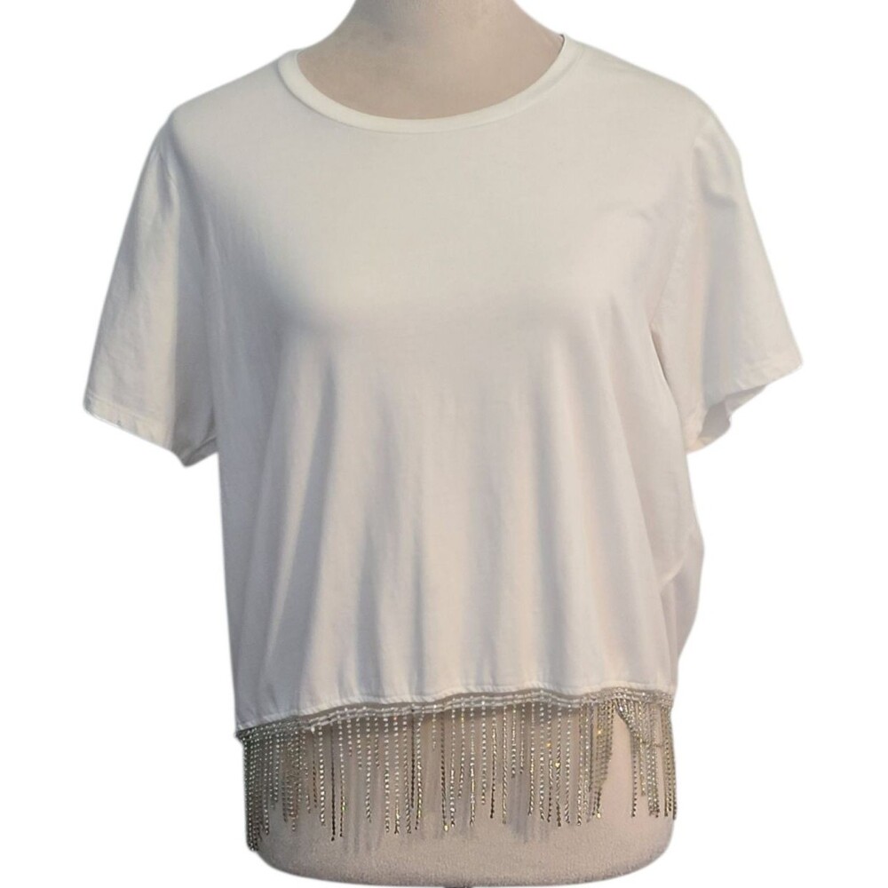 Joie White Fringe Faux Rhinestone Womens XL T-Shirt Top Casual Party Beachy